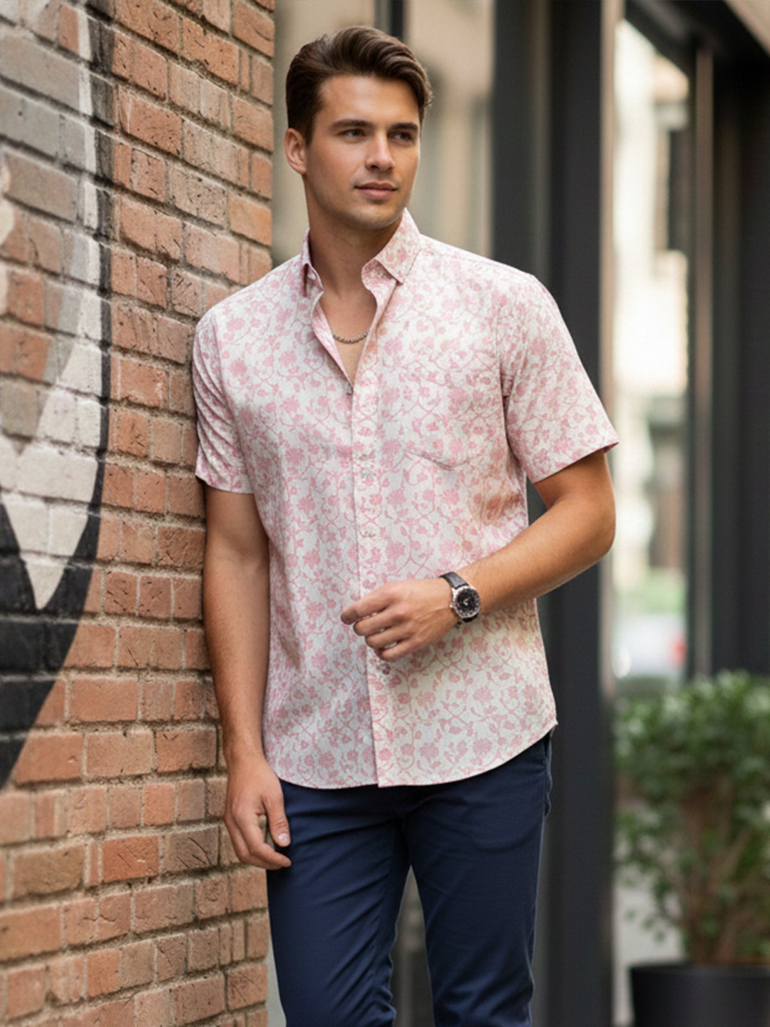 Dusty Rose Floral Sanganeri Printed Half Sleeves Shirt