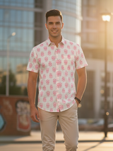 Off White Block Sanganeri Printed Half Sleeves Shirt