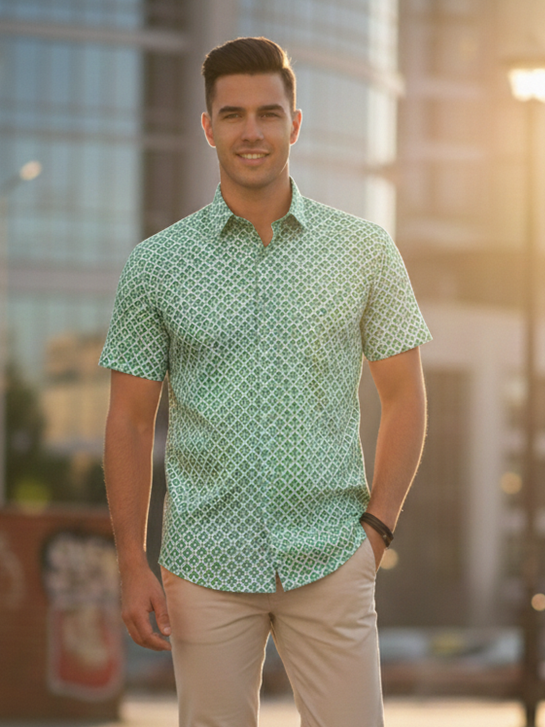 Green Geometric Sanganeri Printed Half Sleeves Shirt
