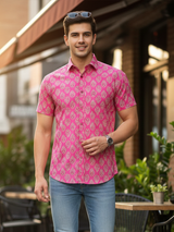 Pink Buta Sanganeri Prinred Half Sleeves Shirt