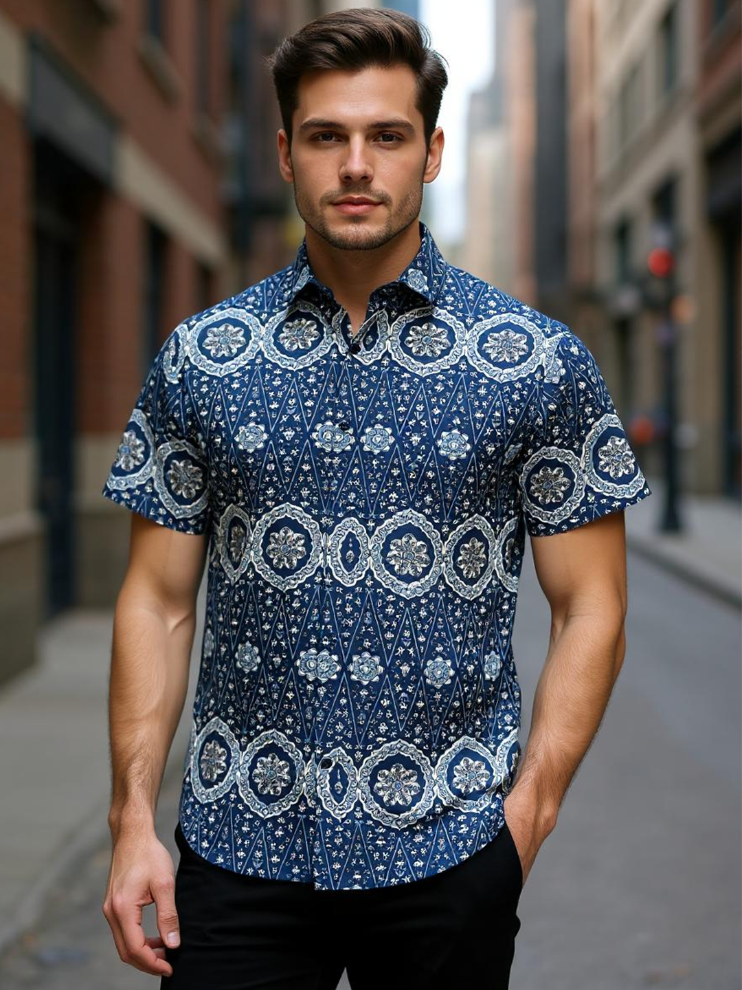 Indigo Ajrakh Sanganeri Printed Half Sleeves Shirt