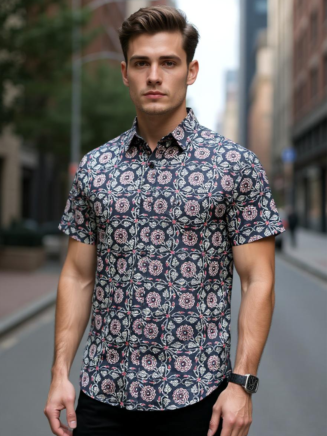 Charcoal Black Motif Sanganeri Printed Half Sleeves Shirt