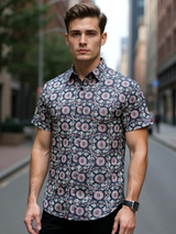 Charcoal Black Motif Sanganeri Printed Half Sleeves Shirt