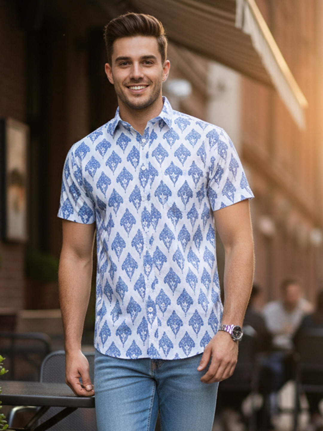Blue Block Sanganeri Printed Half Sleeves Shirt