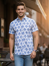 Blue Block Sanganeri Printed Half Sleeves Shirt