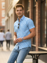 Sky Blue Chevron Sanganeri Printed Half Sleeves Shirt