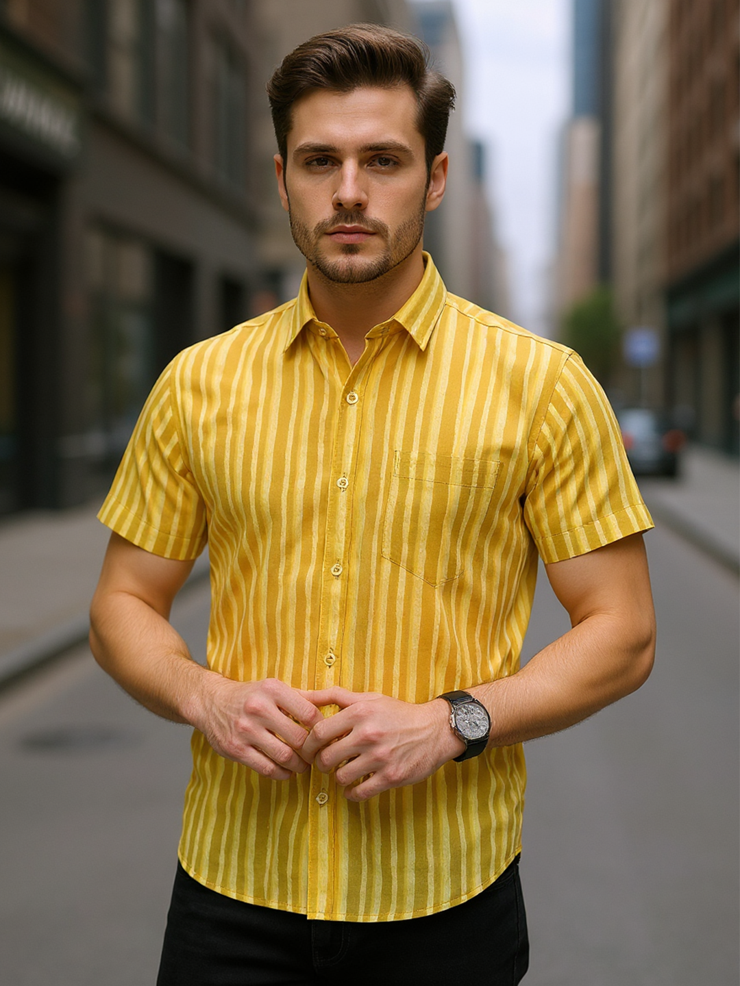 Yellow Stripes Sanganeri Printed Half Sleeves Shirt