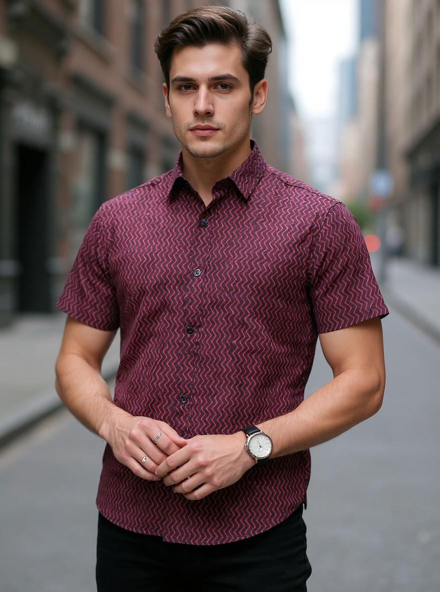 Red Chevron Sanganeri Printed Half Sleeves Shirt