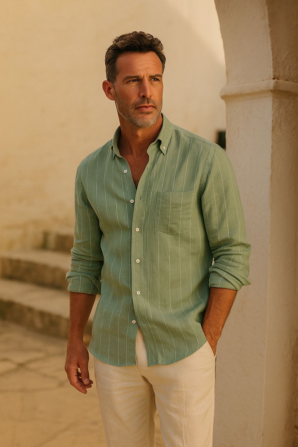 Mint Green Striped Printed Linen Down Button Full Sleeves Shirt