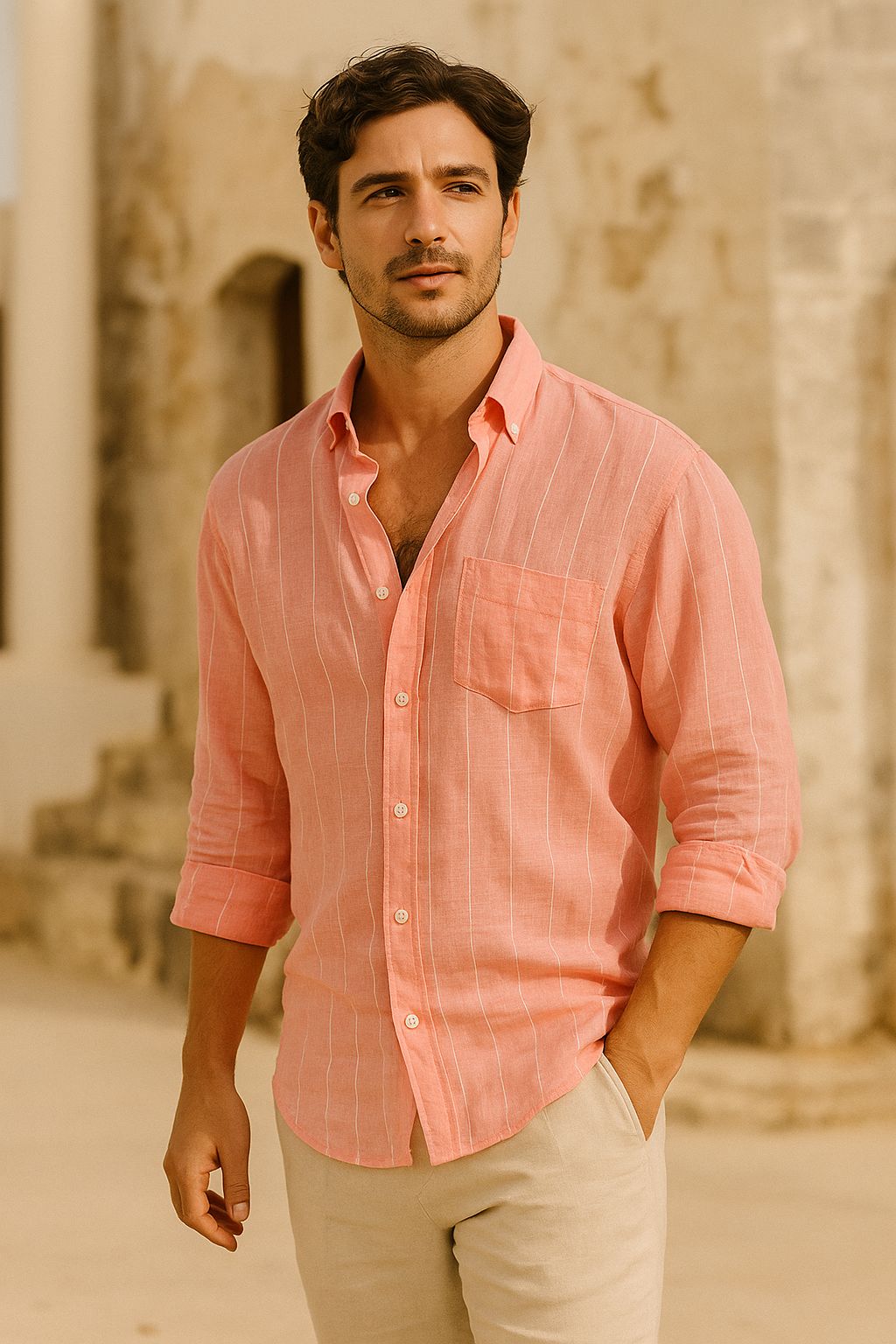 Flamingo Pink Striped Printed Linen Down Button Full Sleeves Shirt