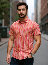 Pink Sanganeri Stripes Printed Half Sleeves Shirt