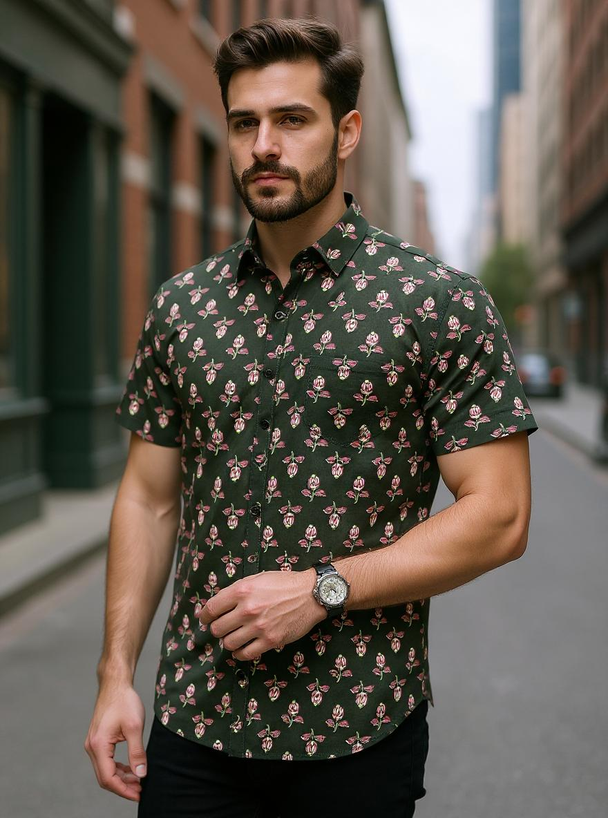 Forest Green Sanganeri Buti Printed Half Sleeves Shirt