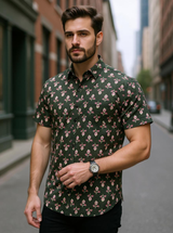 Forest Green Sanganeri Buti Printed Half Sleeves Shirt