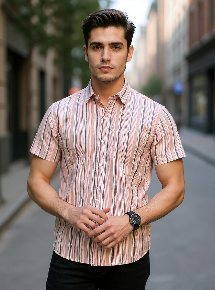 Multicolor Sanganeri Stripes Printed Half Sleeves Shirt