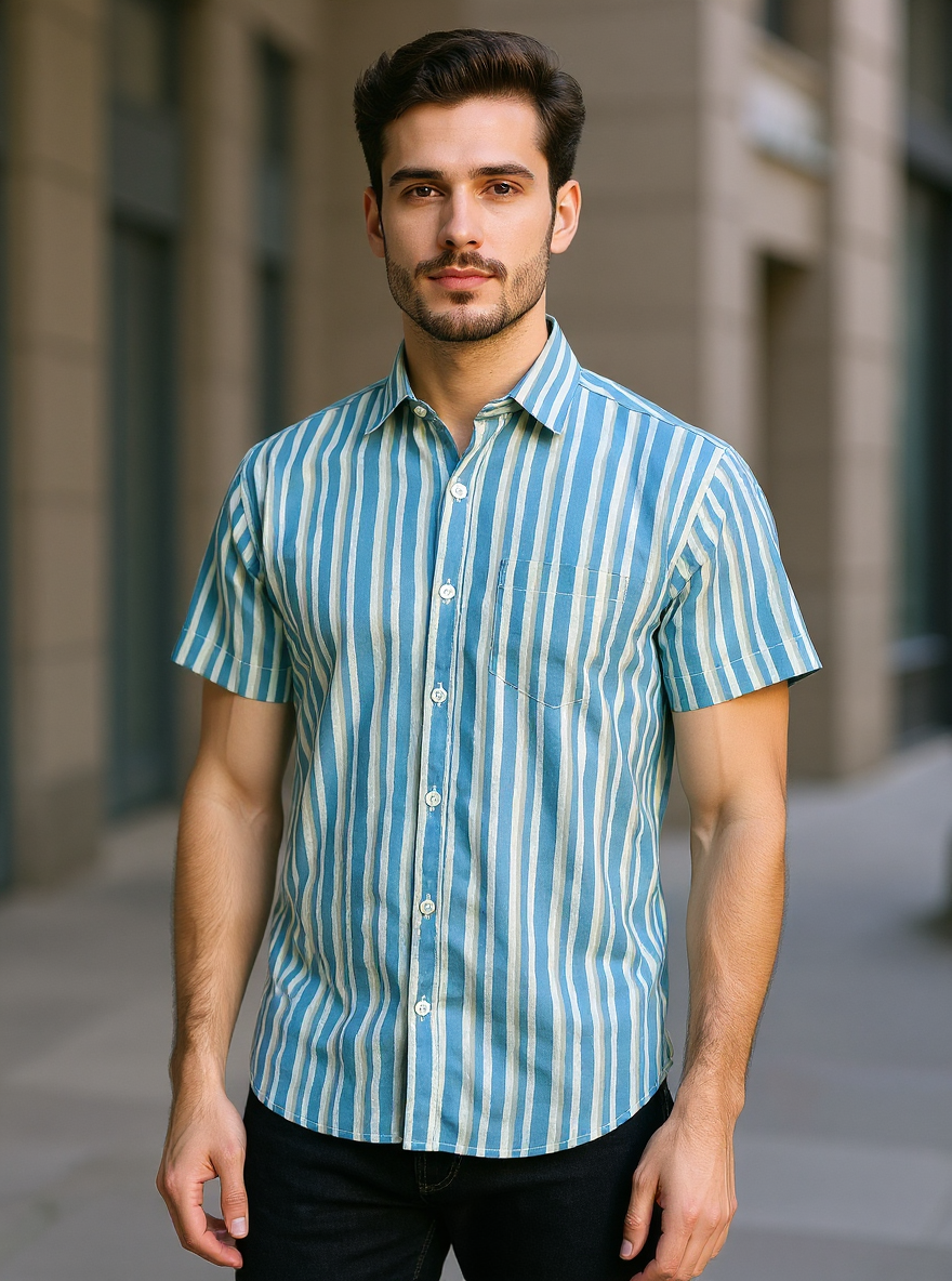 Sky Blue Sanganeri Stripe Printed Half Sleeves Shirt