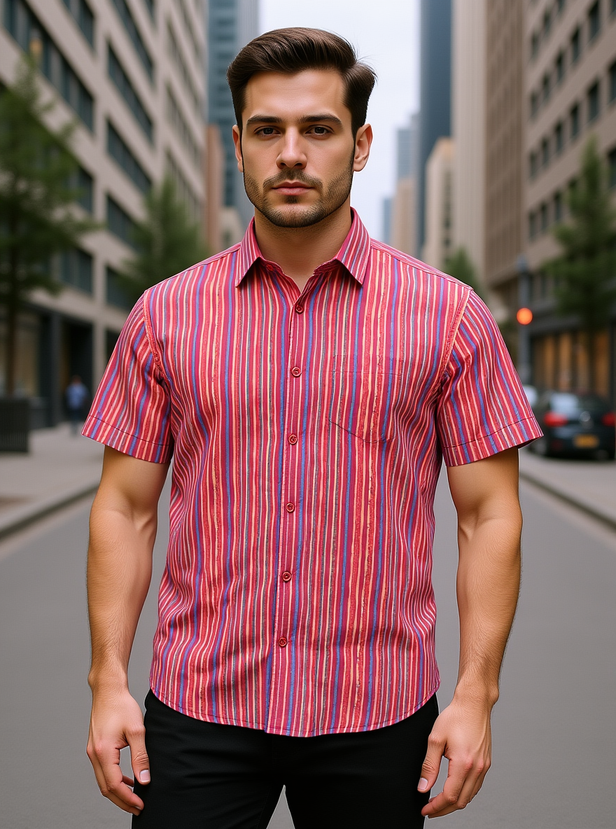 Red Sanganeri Stripes Printed Half Sleeves Shirt