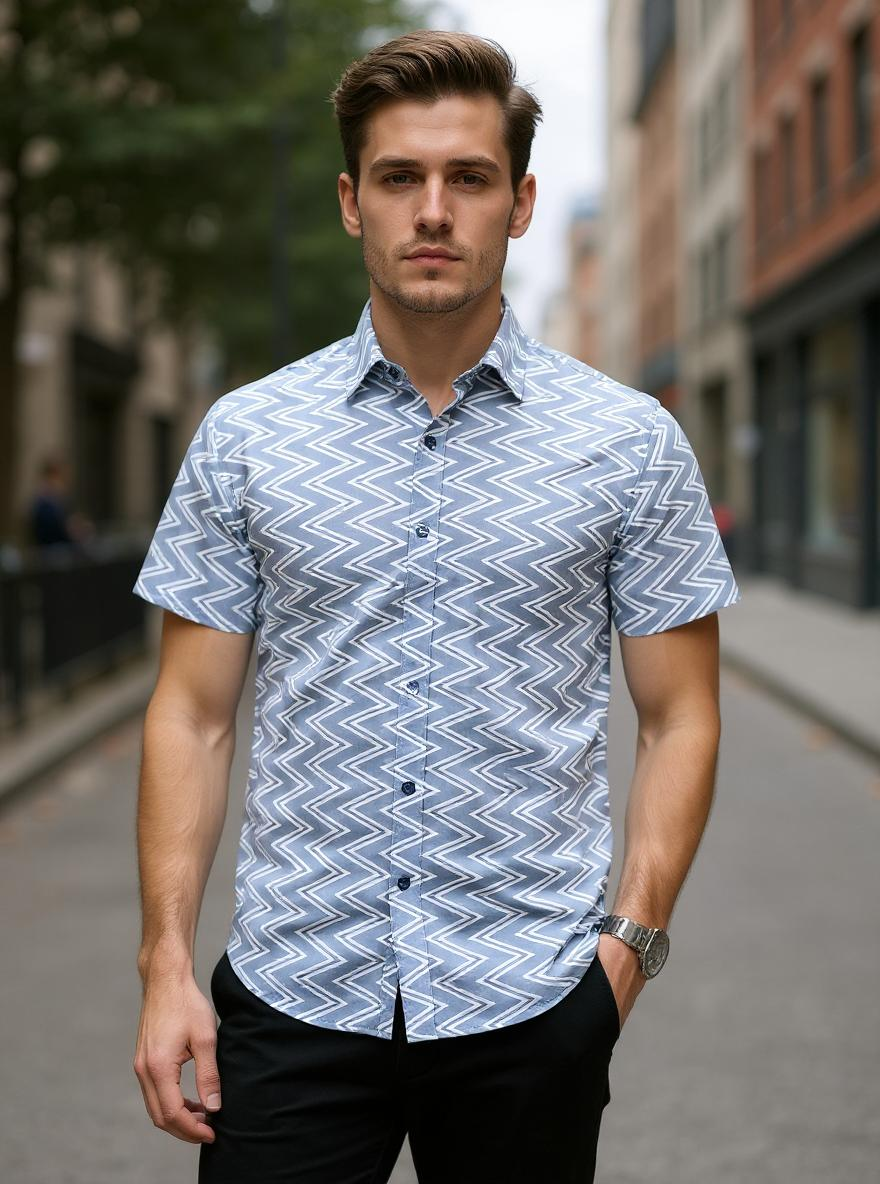 Grey Sanganeri Chevron Printed Half Sleeves Shirt