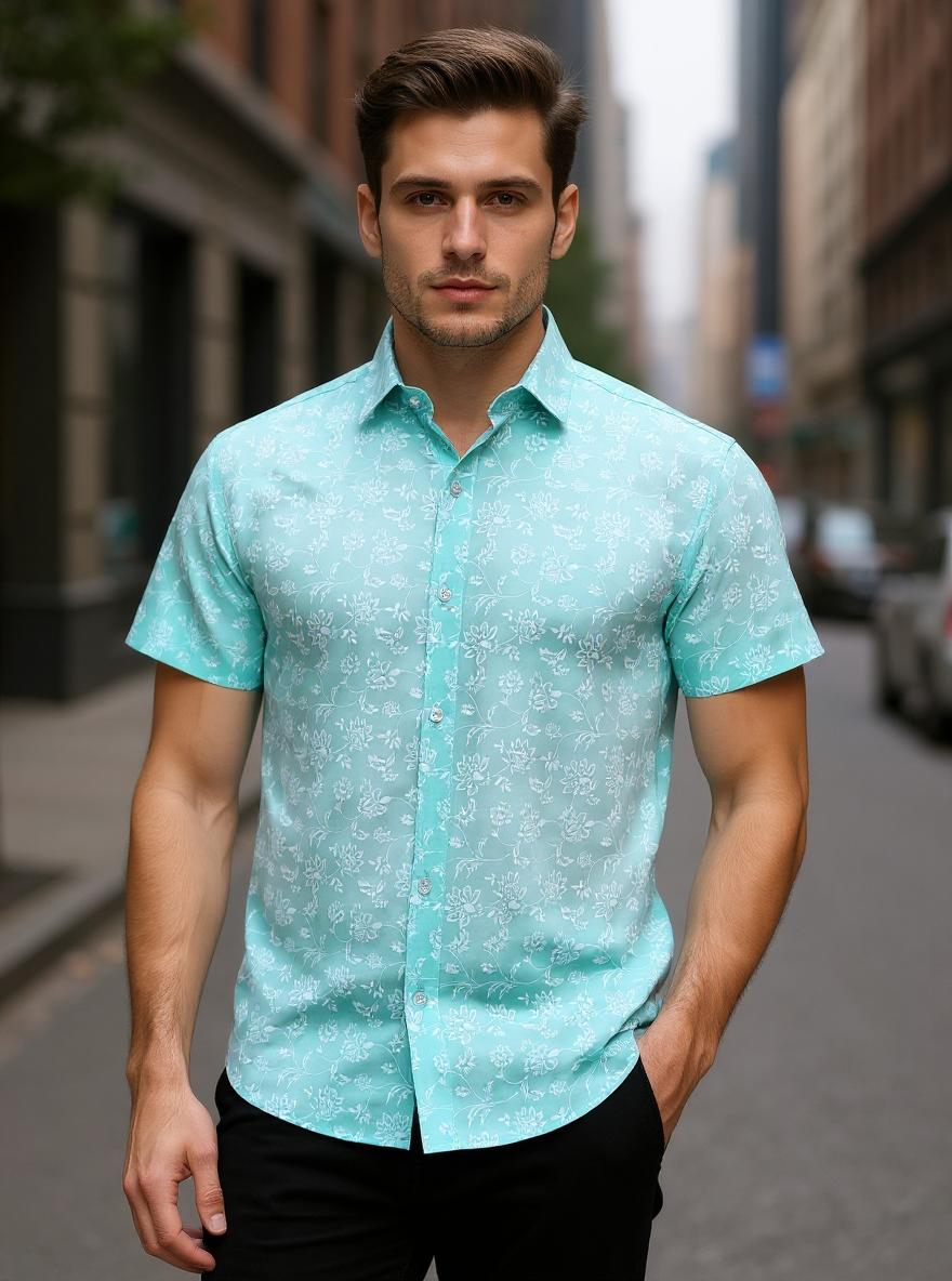 Aqua Sanganeri Floral Printed Half Sleeves Shirt