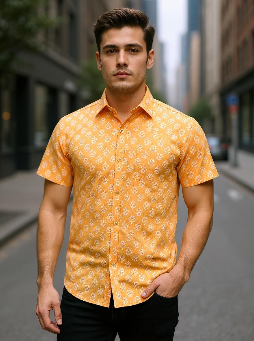 Mustard Sanganeri Floral Printed Half Sleeves Shirt