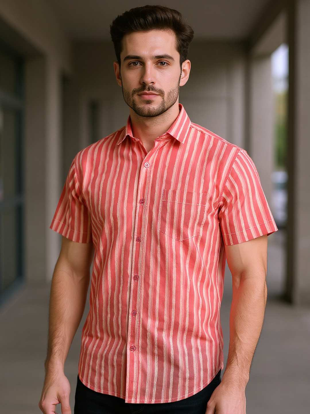 Red & White Sanganeri Stripes Printed Half Sleeves Shirt