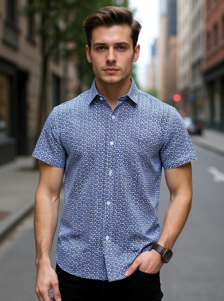 Navy Blue Sanganeri Geometric Printed Half Sleeves Shirt