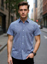 Navy Blue Sanganeri Geometric Printed Half Sleeves Shirt