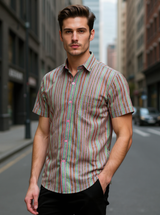 Multicolor Sanganeri Heathered Stripe Printed Half Sleeves Shirt