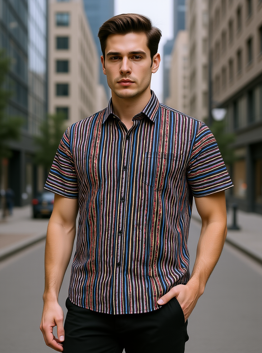 Black Sanganeri Stripes Printed Half Sleeves Shirt