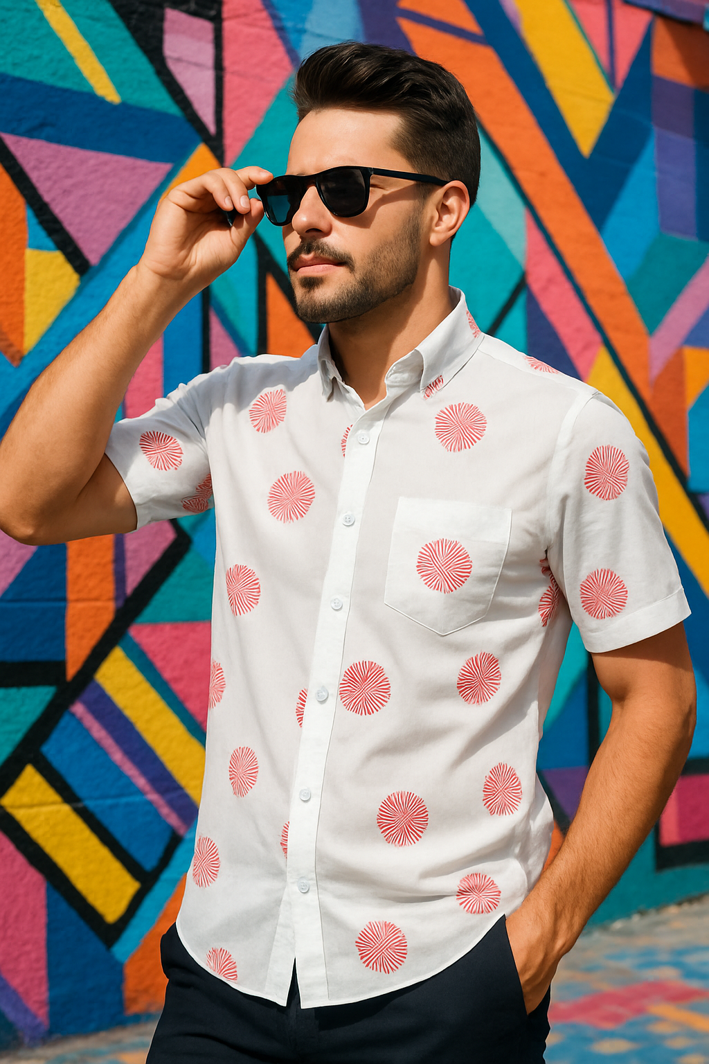 Off White Block Circle Sanganeri Half Sleeves Shirt