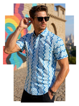 Blue Chevron Sanganeri Half Sleeves Shirt