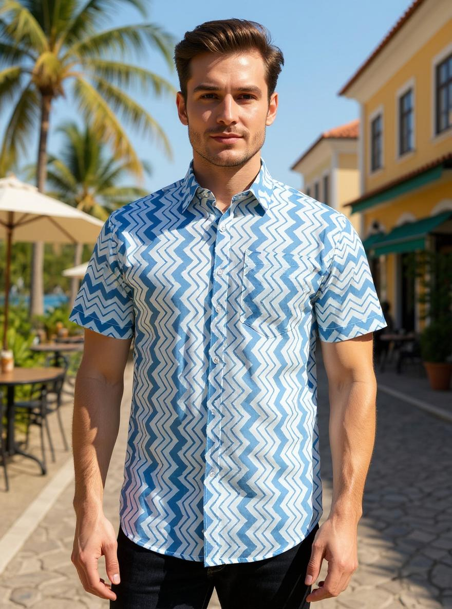 Blue Chevron Sanganeri Half Sleeves Shirt
