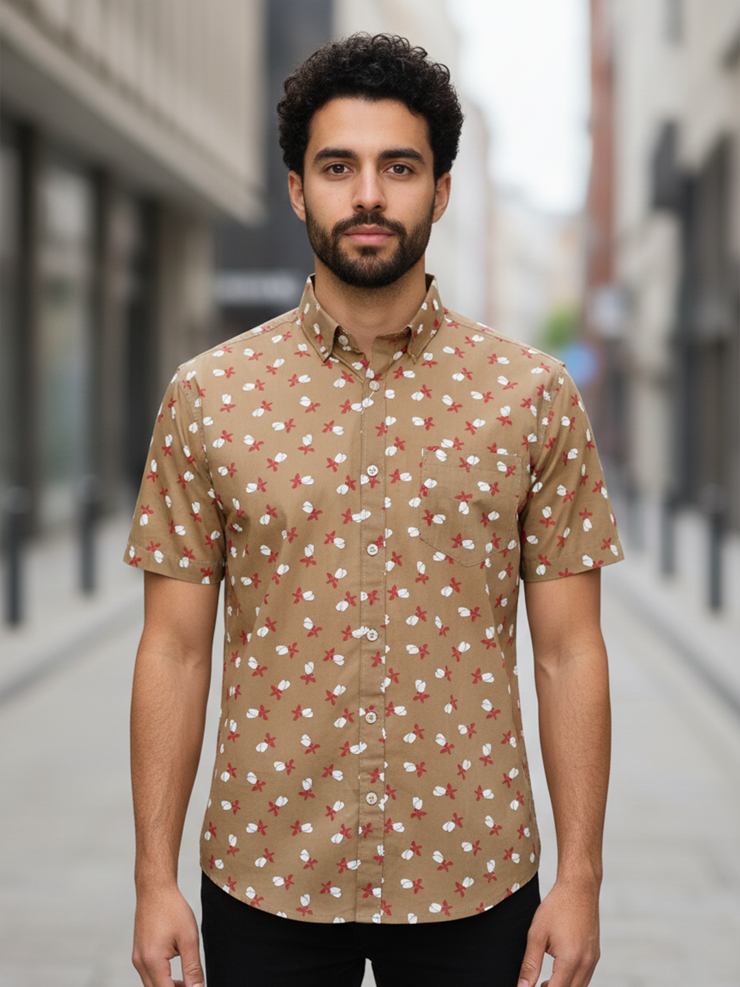 Light Brown Motif Sanganeri half Sleeves Shirt