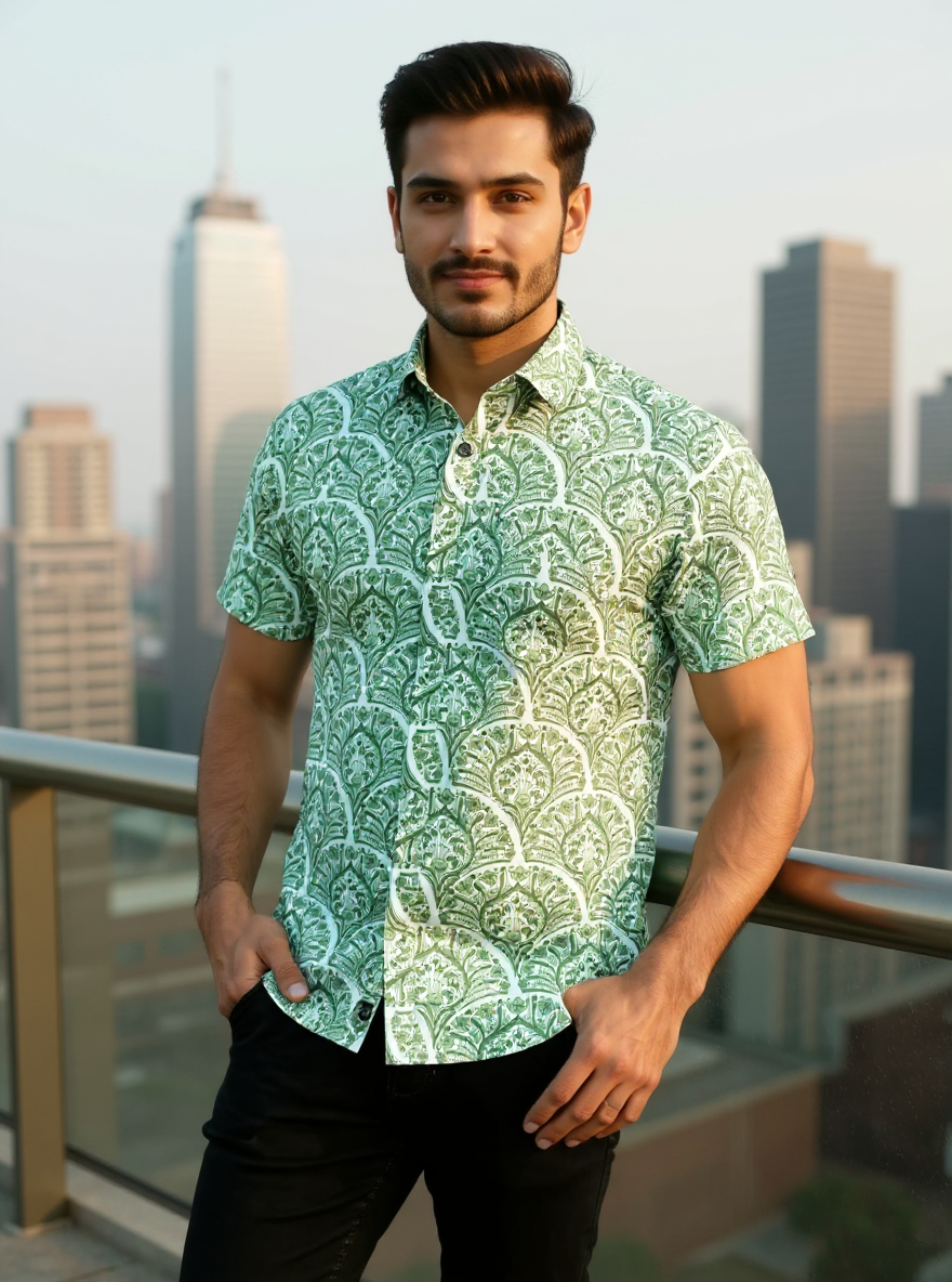 Green Motif Sanganeri Half Sleeves Shirt