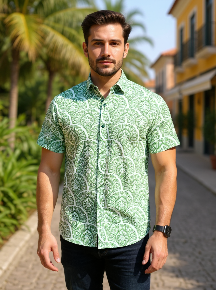 Green Motif Sanganeri Half Sleeves Shirt