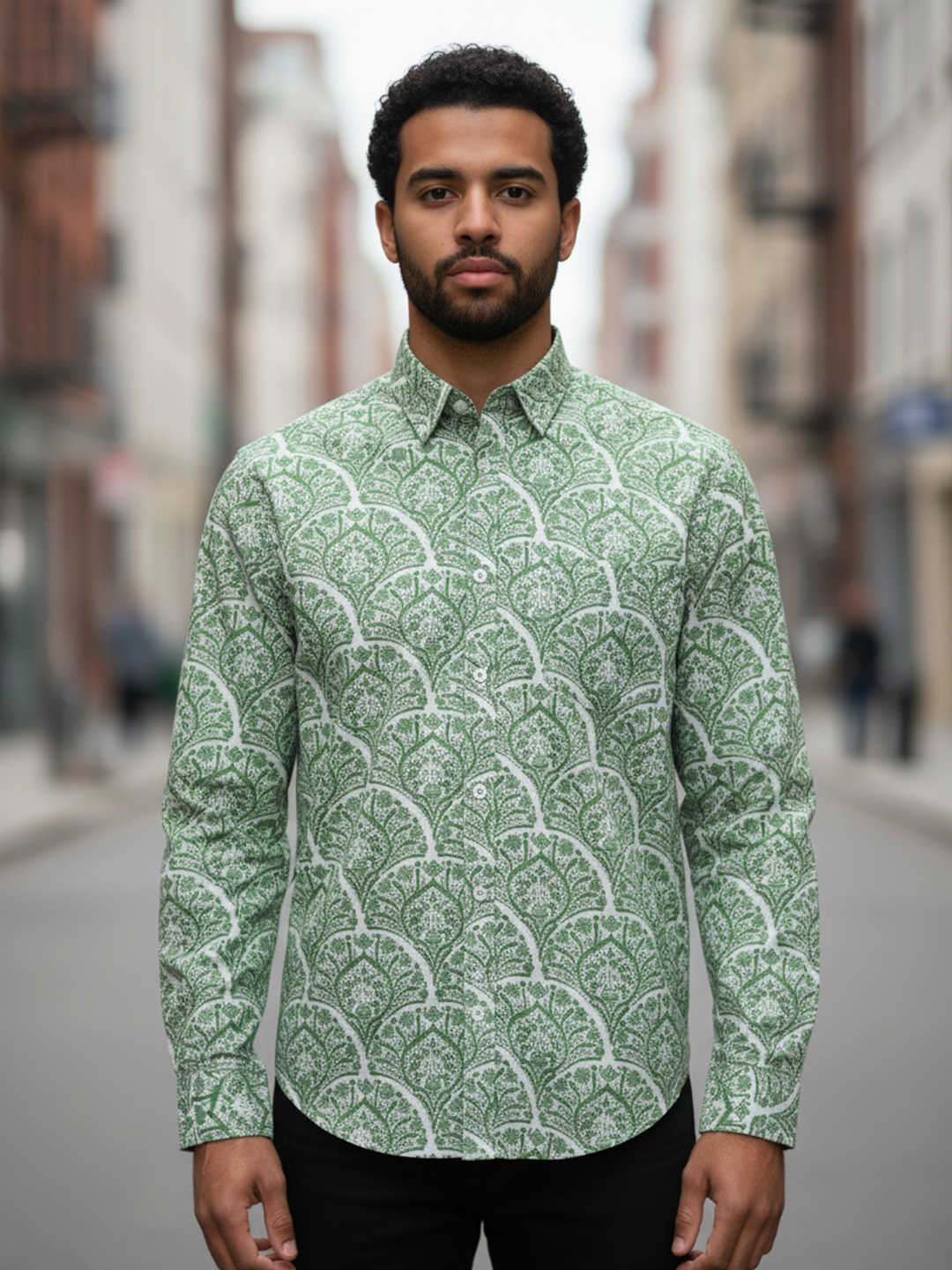 Green Motif Sanganeri Full Sleeves Shirt