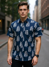 Navy Ajrakh Sanganeri Half Sleeves Shirt