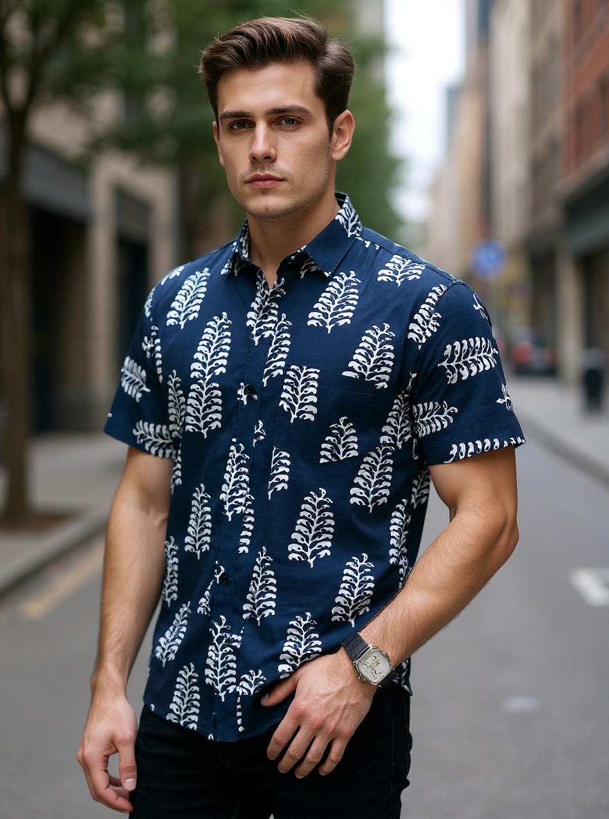 Navy Ajrakh Sanganeri Half Sleeves Shirt
