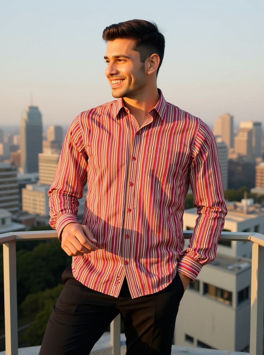 Magenta Multi Stripes Sanganeri Full Sleeves Shirt