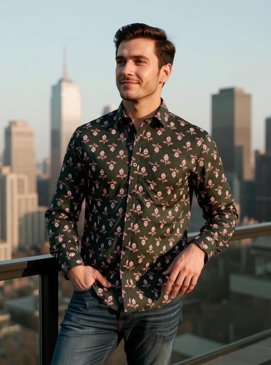 Bottle Green Floral Buti Sanganeri Full Sleeves Shirt