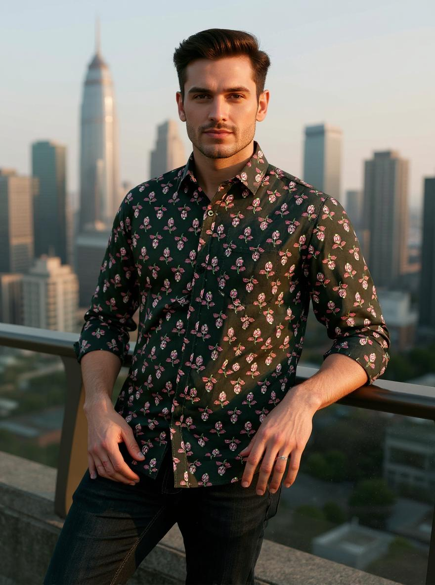 Bottle Green Floral Buti Sanganeri Full Sleeves Shirt