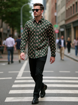 Bottle Green Floral Buti Sanganeri Full Sleeves Shirt