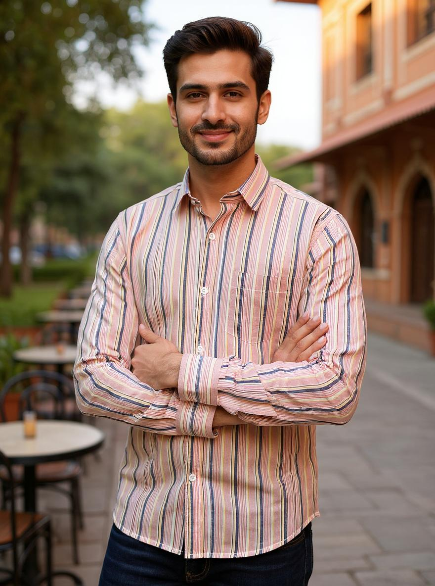 Beige Multi Stripes Sanganeri Full Sleeves Shirt