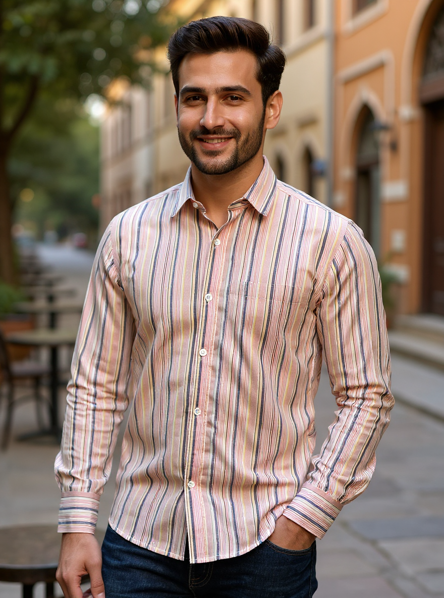 Beige Multi Stripes Sanganeri Full Sleeves Shirt