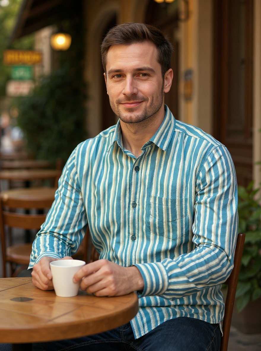 Sky Blue Stripes Sanganeri Full Sleeves Shirt