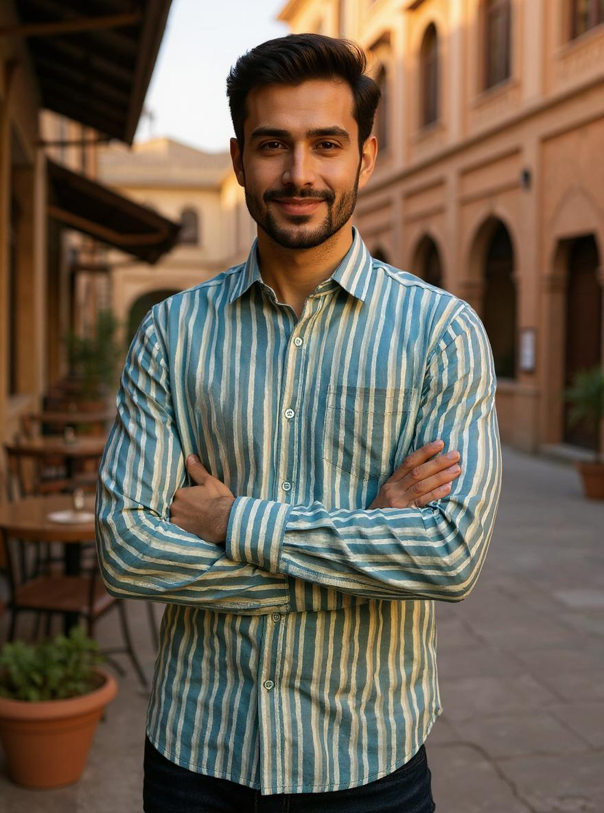 Sky Blue Stripes Sanganeri Full Sleeves Shirt