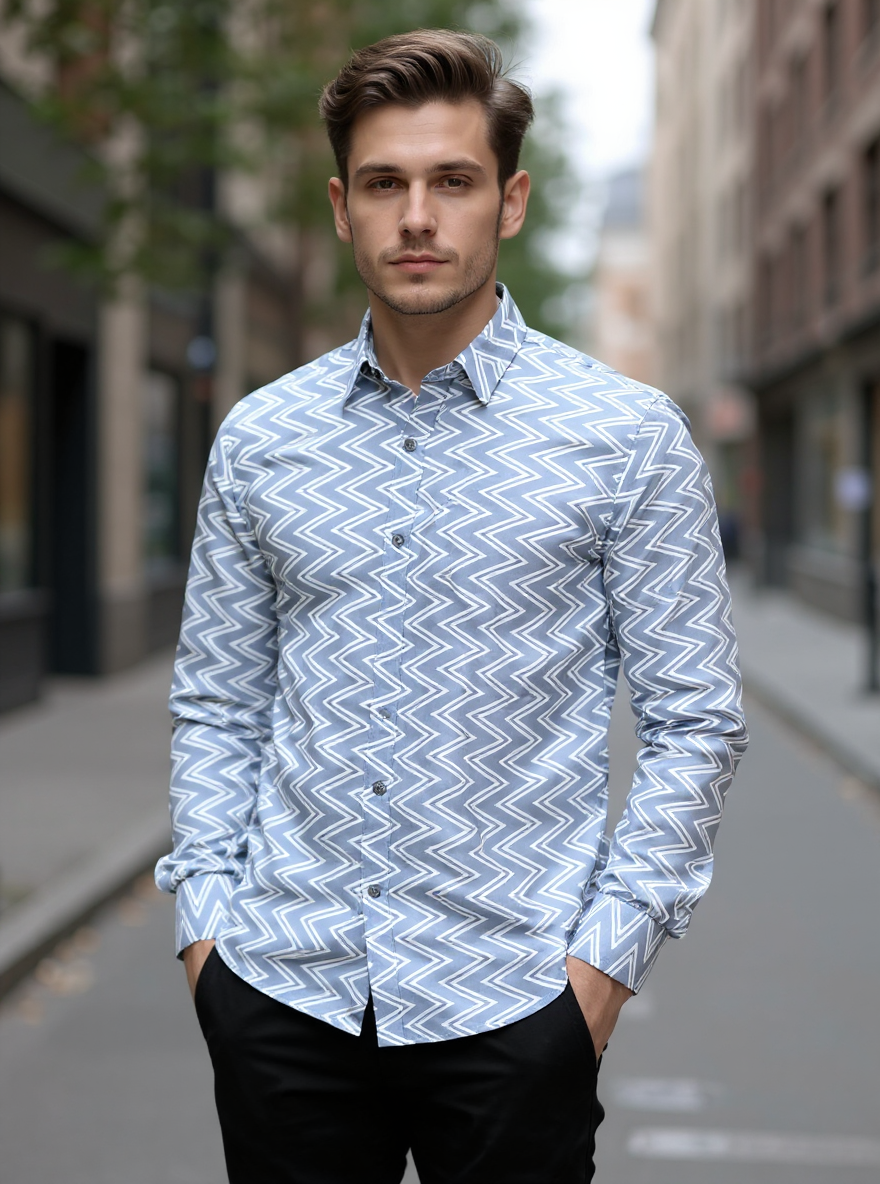 Grey Sanganeri Chevron Full Sleeves Shirt