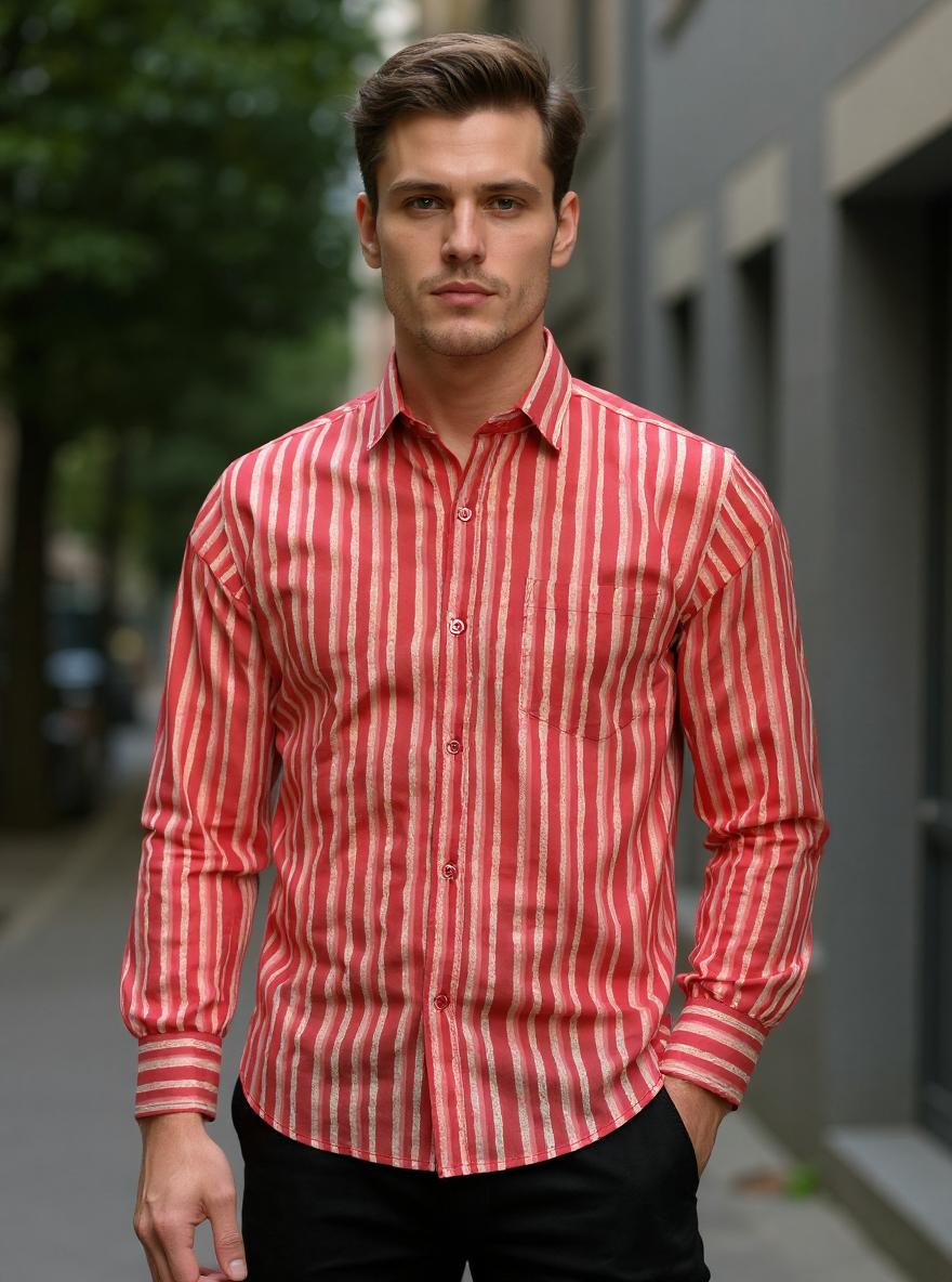 Red & White Sanganeri Stripes Full Sleeves Shirt