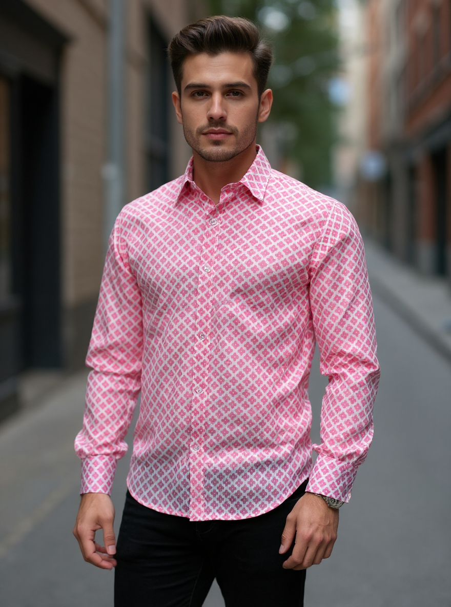 Pink Sanganeri Diamond Full Sleeves Shirt