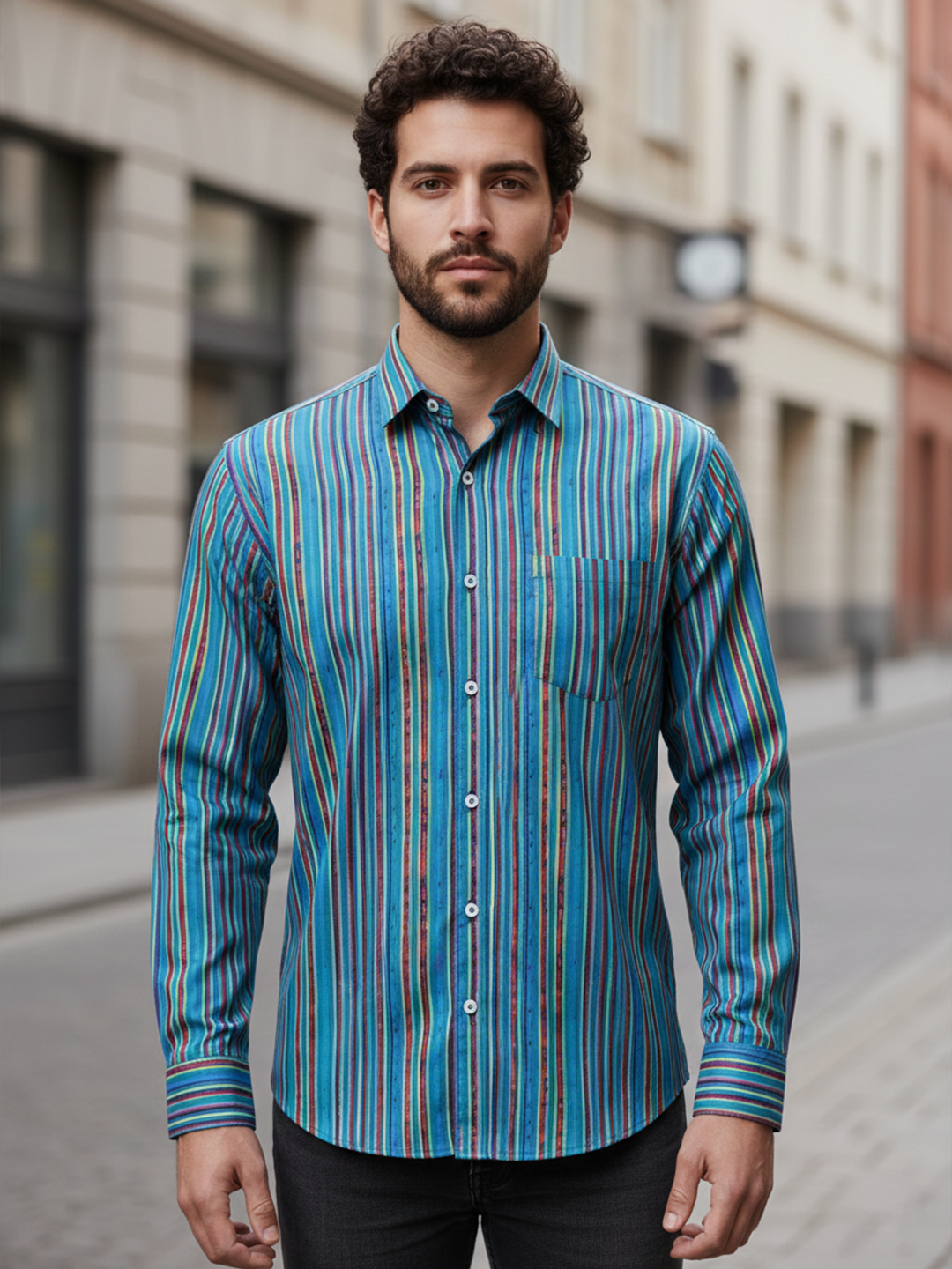 Teal Blue Stripes Sanganeri Full Sleeves Shirt
