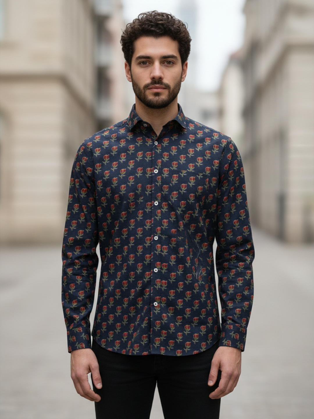 Steel Blue Floral Sanganeri Full Sleeves Shirt